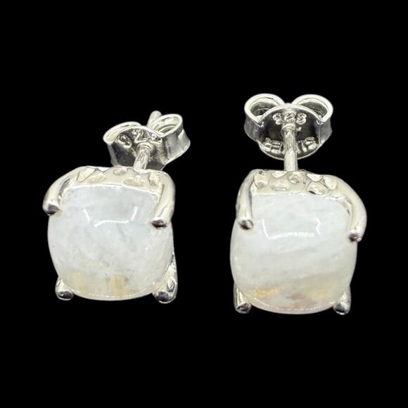 Natural Moonstone Cabochon Stud Earrings 925 Sterling Silver Handmade - Picture 1 of 4